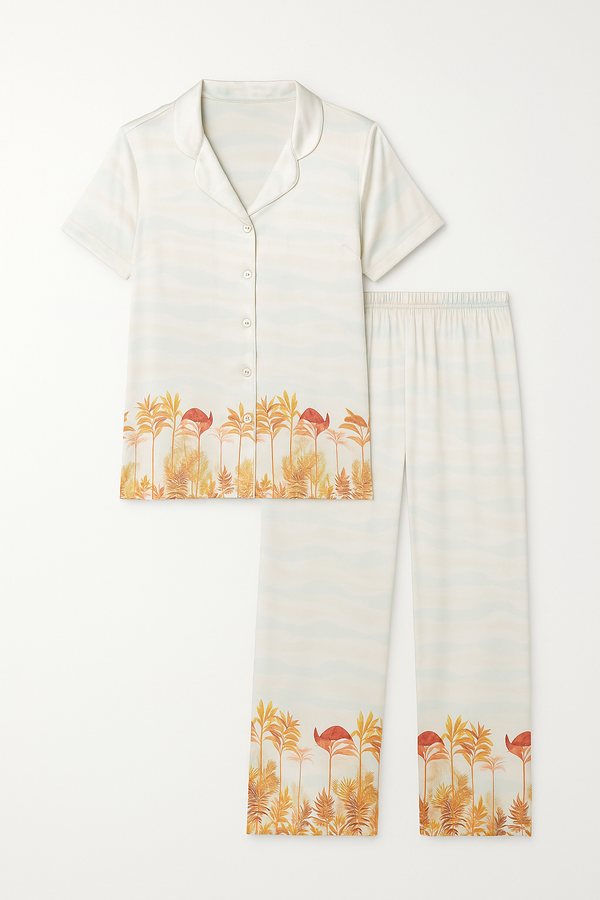 Offwhite Satin Half-sleeves Pajama