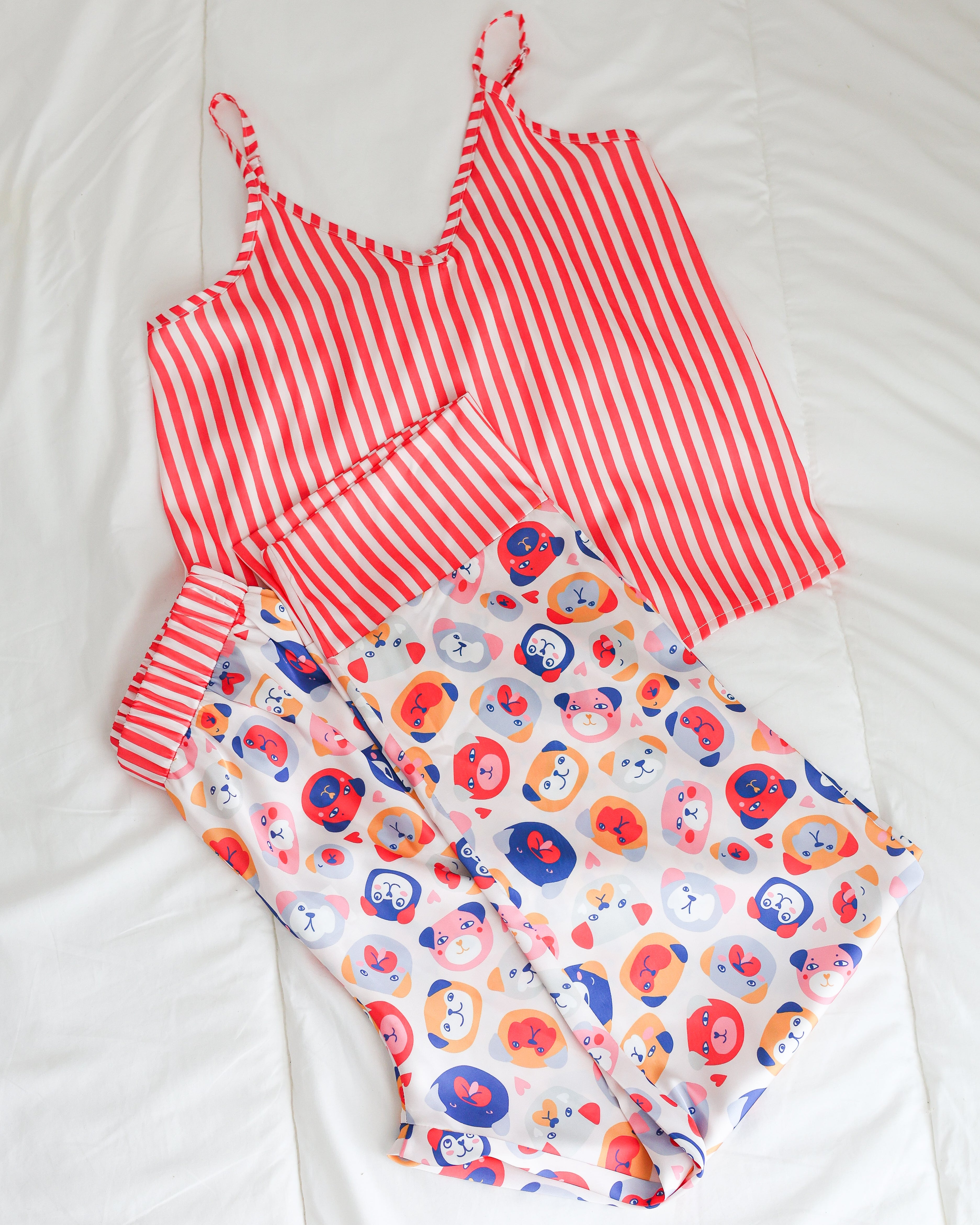 Red Satin No-sleeves Pants Pajama