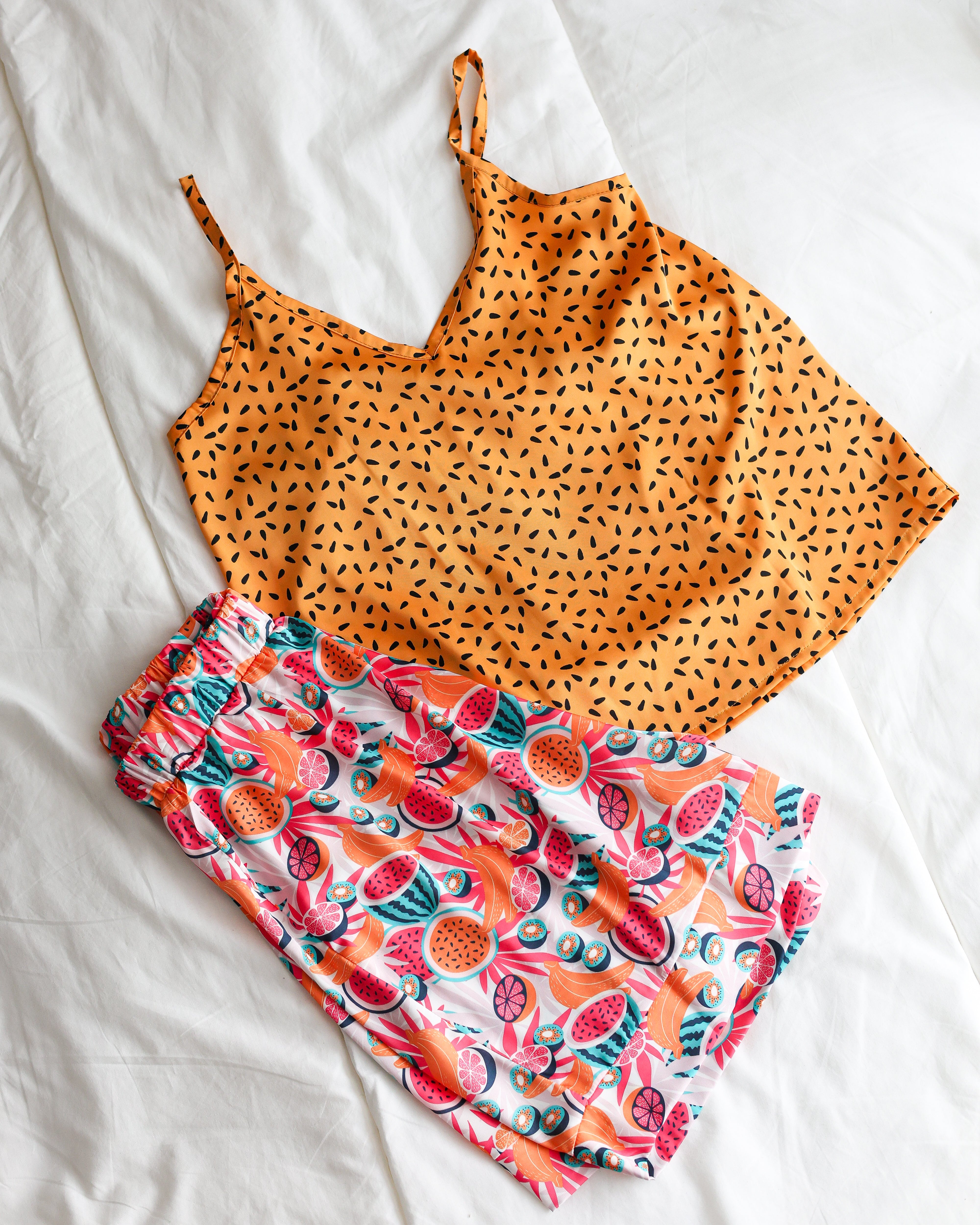 Fruity Satin No-sleeves Short Pajama