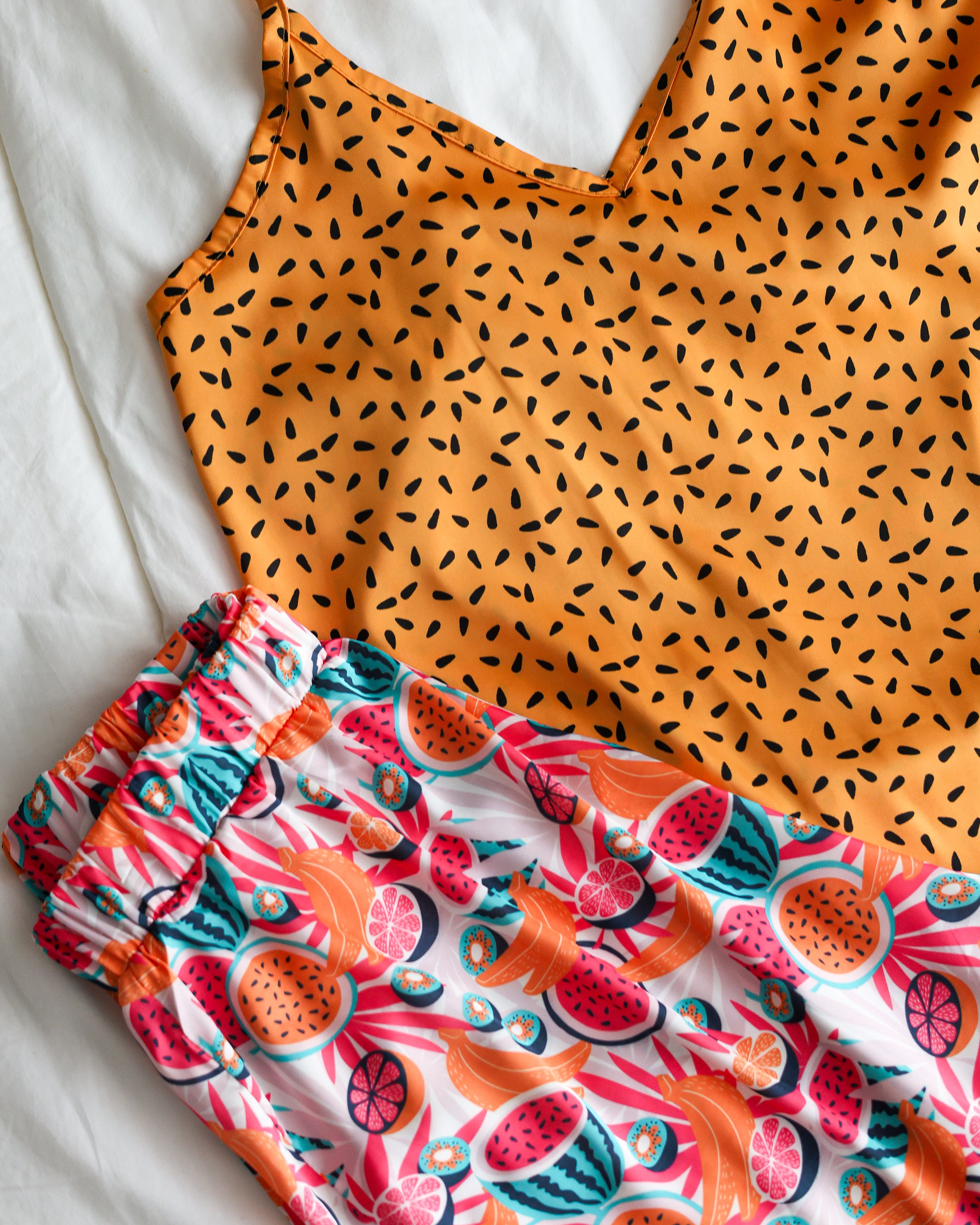 Fruity Satin No-sleeves Short Pajama