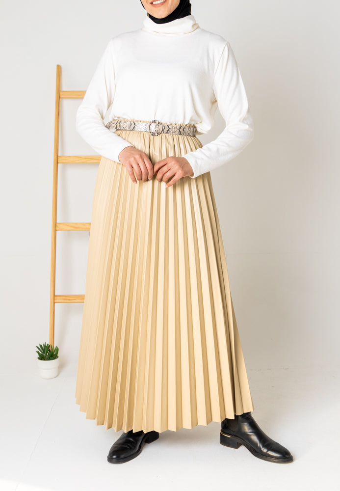 beige leather pleated skirt